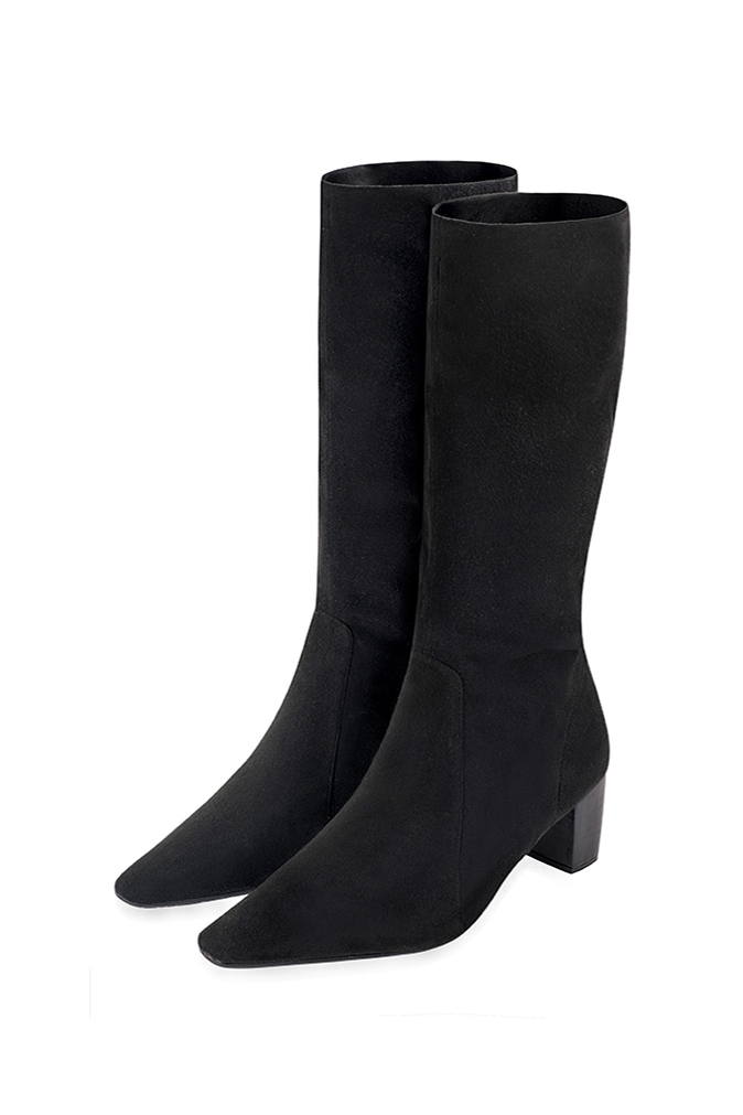 Matt black women's mid-calf boots. Tapered toe. Medium block heels. Made to measure - Florence KOOIJMAN